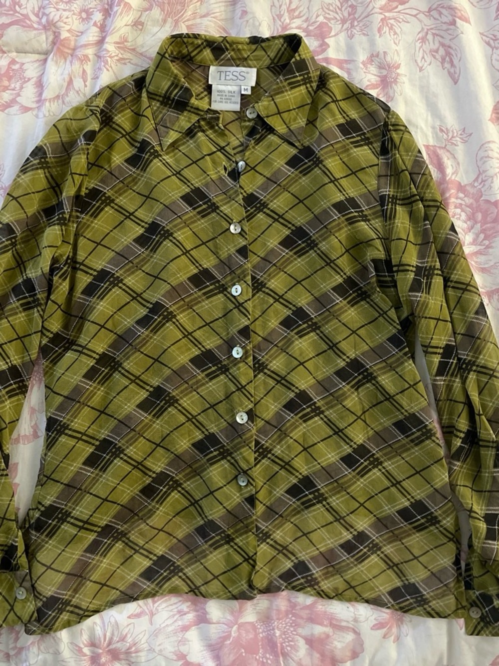 100% silk chartreuse plaid button up shirt with mother of pearl buttons